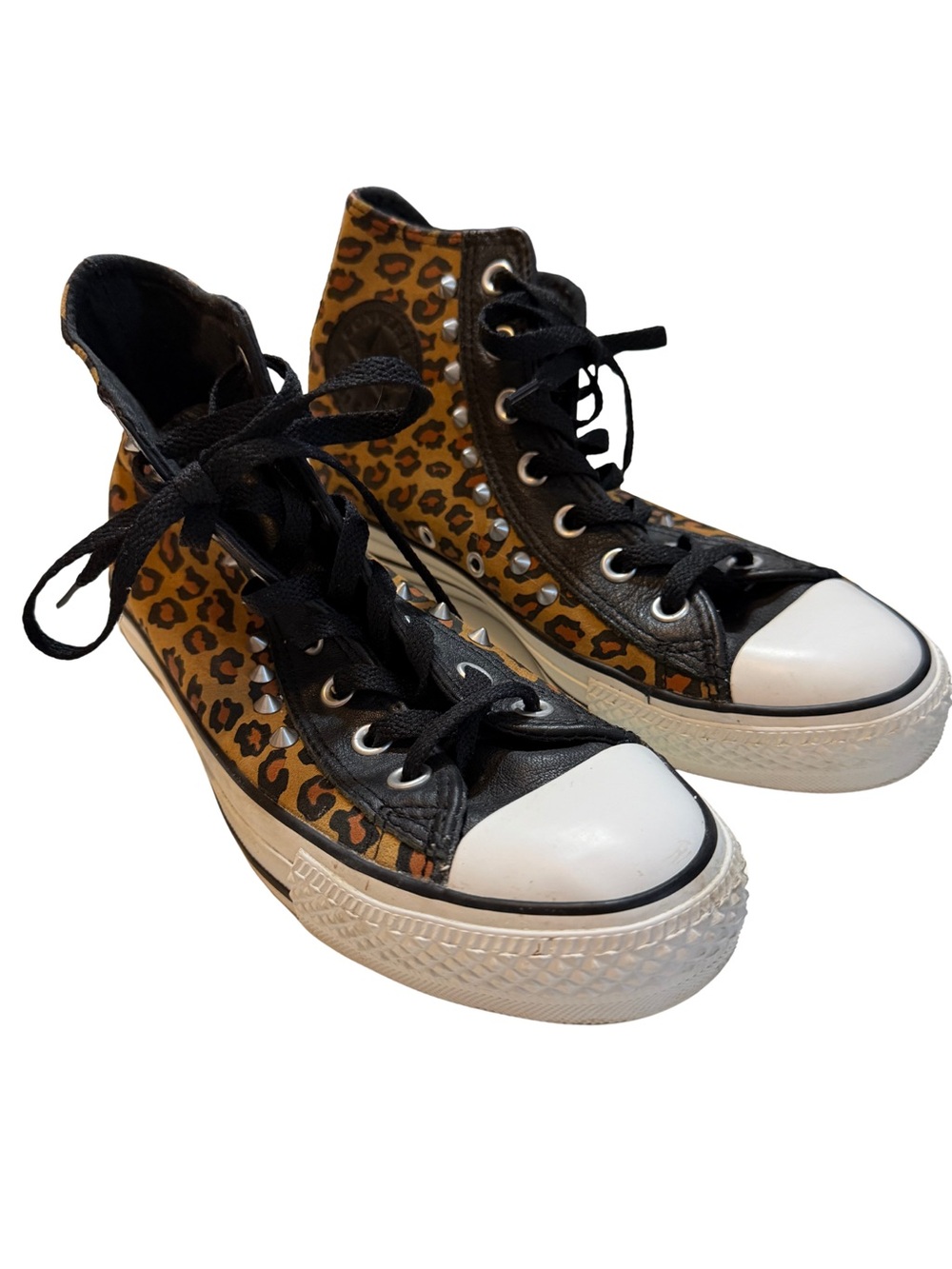 Converse Leopard Print and Leather Studded High-Top Sneakers - Black & Brown